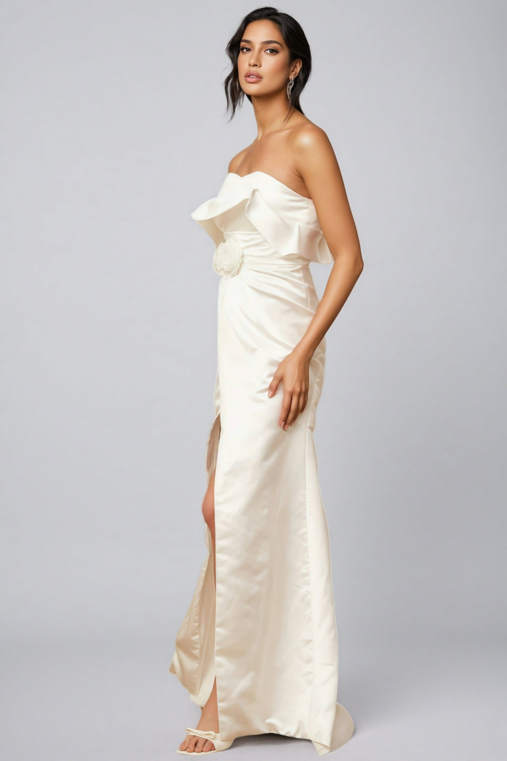 Jiusi White Appliqued Satin Maxi Dress