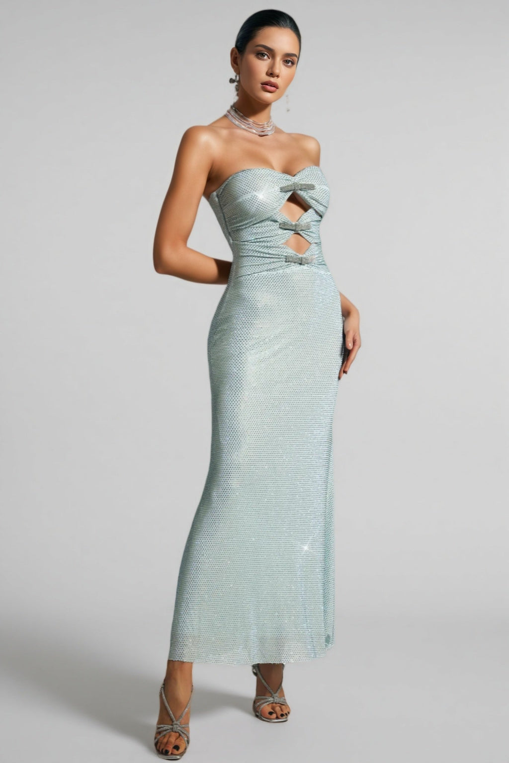 Orins Strapless Bow Diamond Maxi Dress