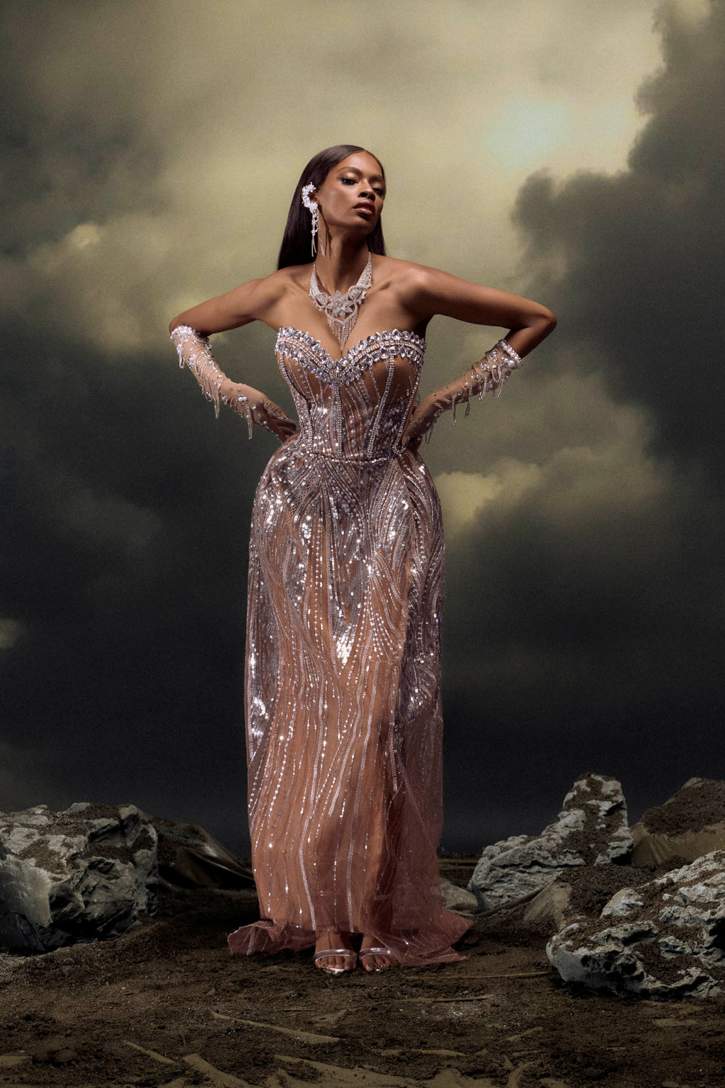 Elaine Diamond Embellished Corset Sheer Maxi Dress
