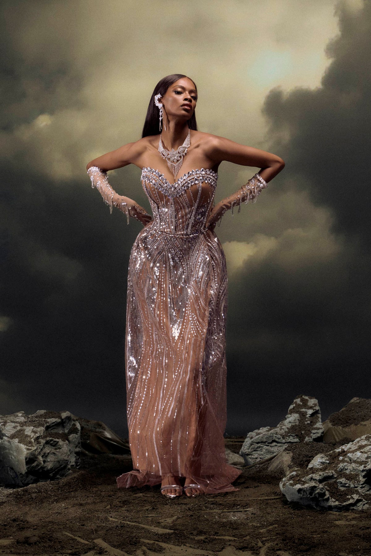 Elaine Diamond Embellished Corset Sheer Maxi Dress