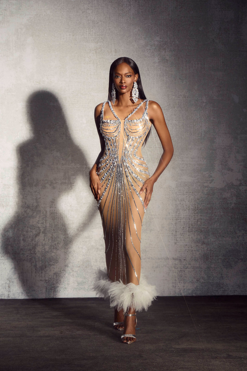 Lena Rhinestone Embellished Feather Trim Maxi Dress