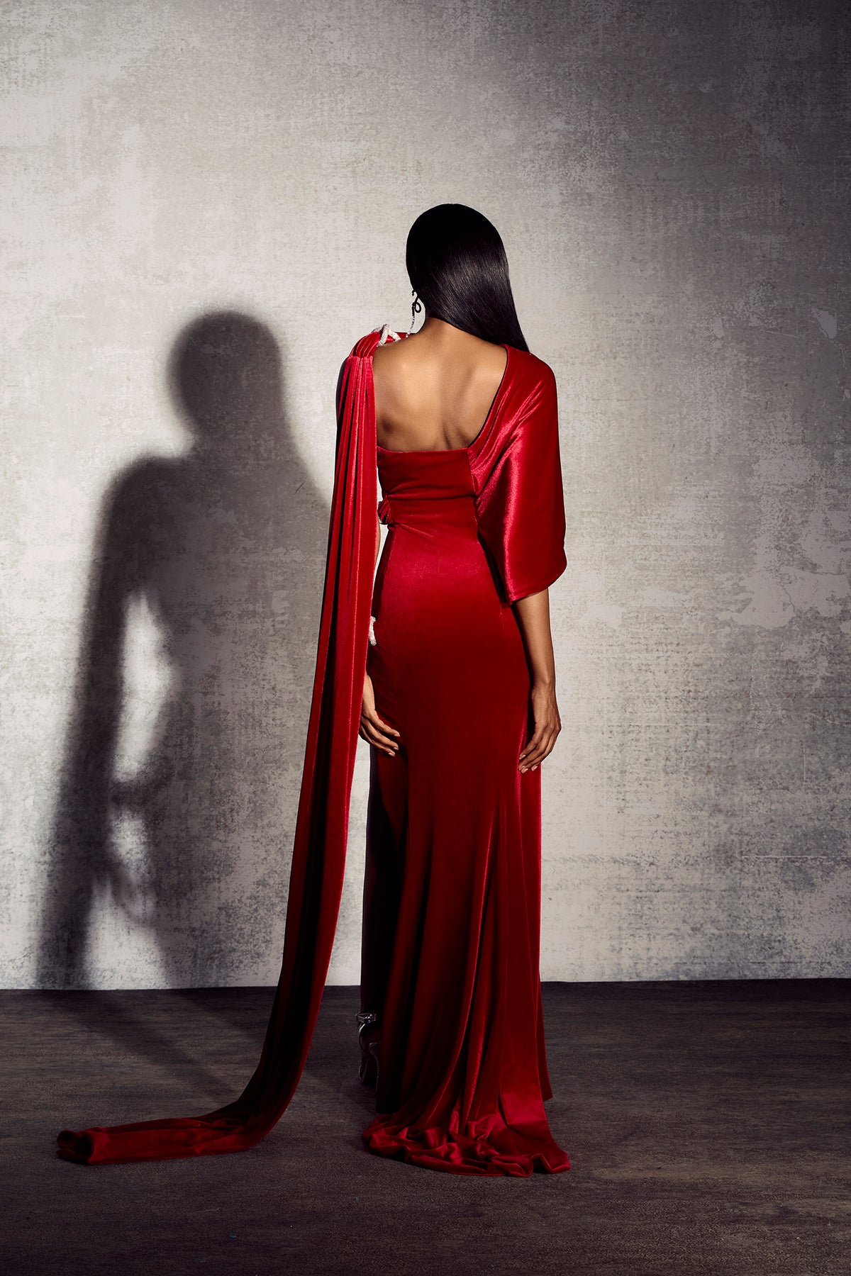 Kristin Asymmetrical Cape Velvet Maxi Dress