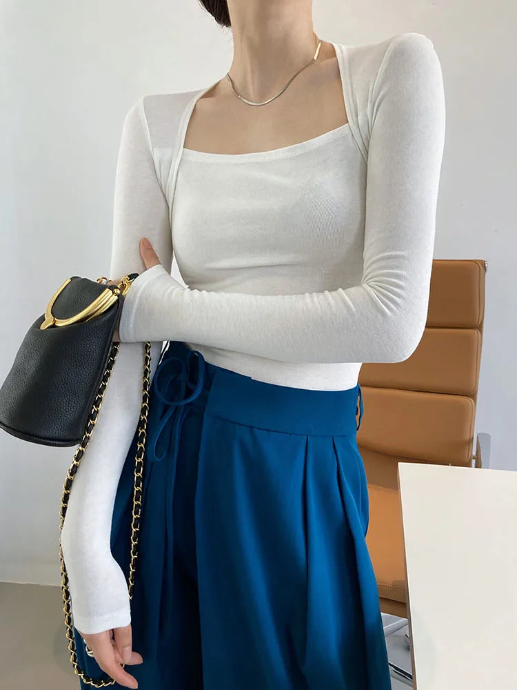French Gentle Long-sleeved Square-neck T-shirt Slim Fake Two-piece Top Autumn Color Bottoming Shirt