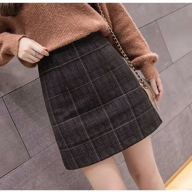 Korean High Waist Slim Plaid Wool A-step Mini Skirt