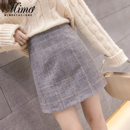 Korean High Waist Slim Plaid Wool A-step Mini Skirt