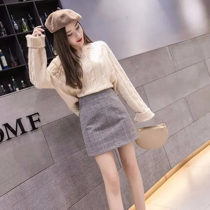 Korean High Waist Slim Plaid Wool A-step Mini Skirt