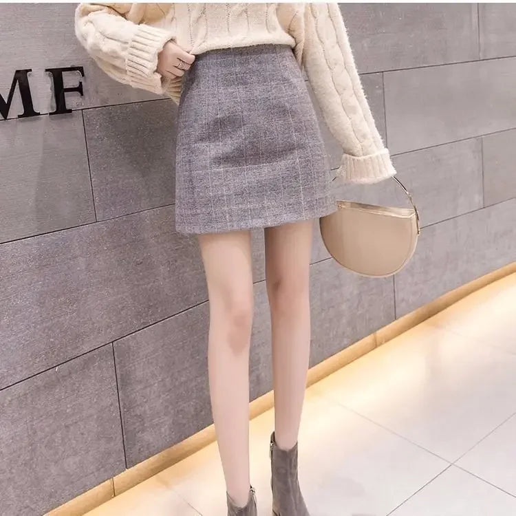 Korean High Waist Slim Plaid Wool A-step Mini Skirt