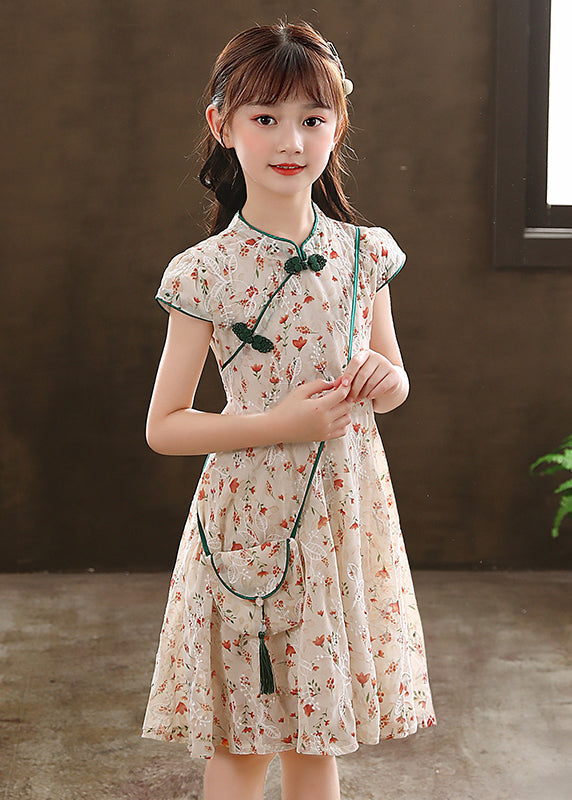 New Green Stand Collar Print Maxi Dresses Short Sleeve Mn010