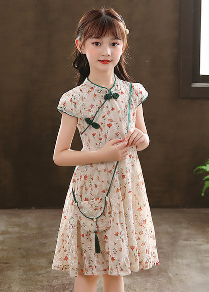 New Green Stand Collar Print Maxi Dresses Short Sleeve Mn010