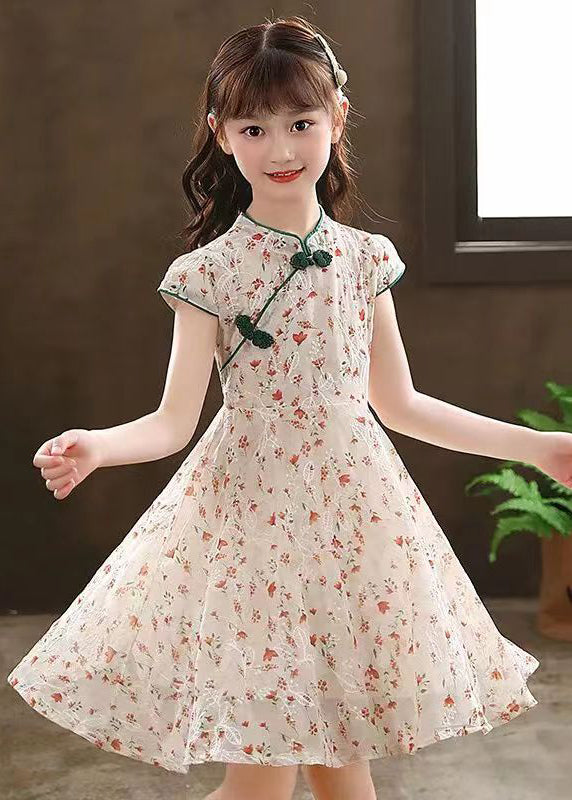 New Green Stand Collar Print Maxi Dresses Short Sleeve Mn010