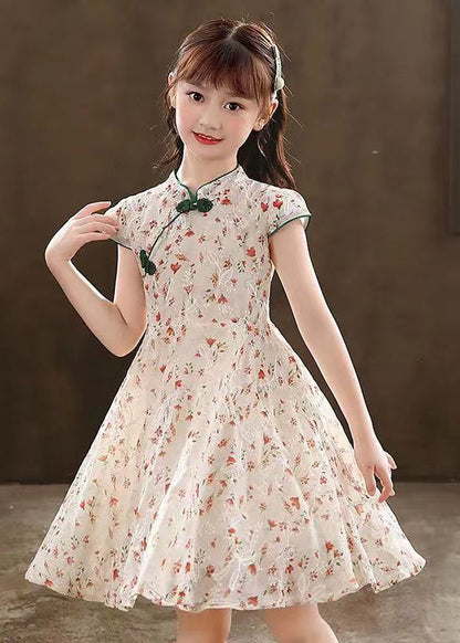 New Green Stand Collar Print Maxi Dresses Short Sleeve Mn010