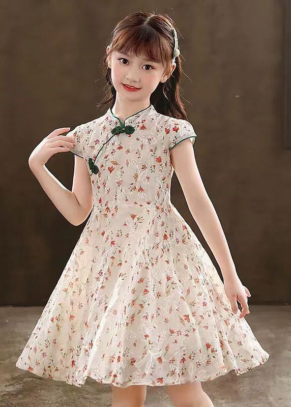 New Green Stand Collar Print Maxi Dresses Short Sleeve Mn010