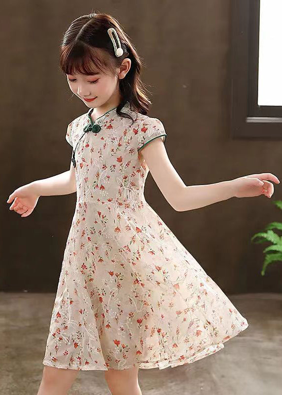 New Green Stand Collar Print Maxi Dresses Short Sleeve Mn010