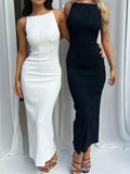 Long Dress Ruched Sleeveless Slim Summer Party Back Split Dress Clubwear Female Vestido Outfits