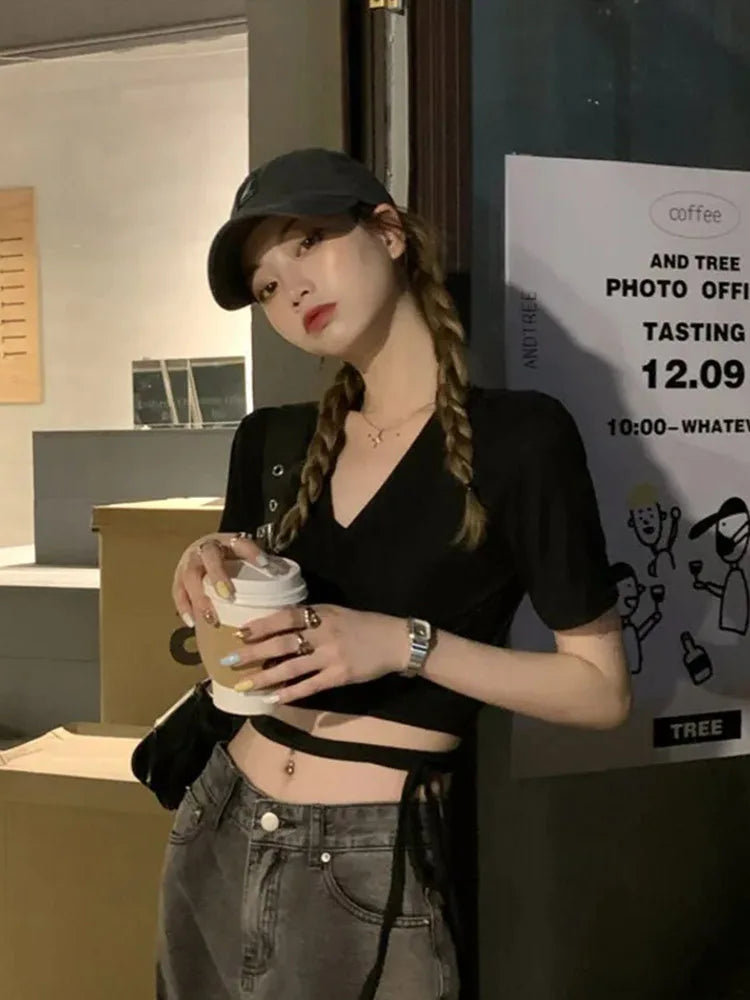 Summer Tee Tops T Shirts V-neck Cropped Cross Tie-up Harajuku Basic Korean Street T-shirts Mujer