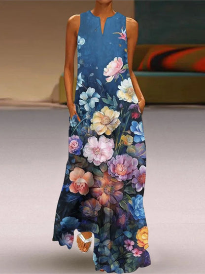 Summer New Flower Printed Long Dresses V-neck Loose Sleeveless Dress Commuting Vestidos Female