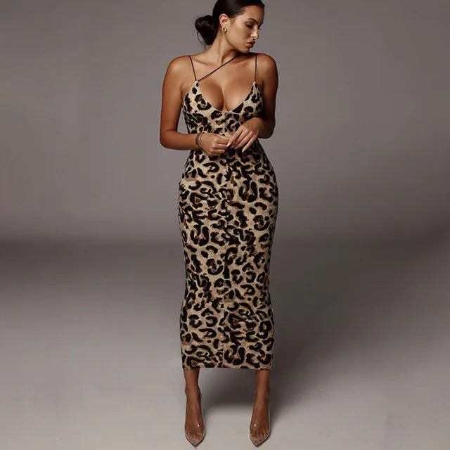 Leopard Print Sleeveless V-neck Midi Dress Spring Christmas Party Outfits