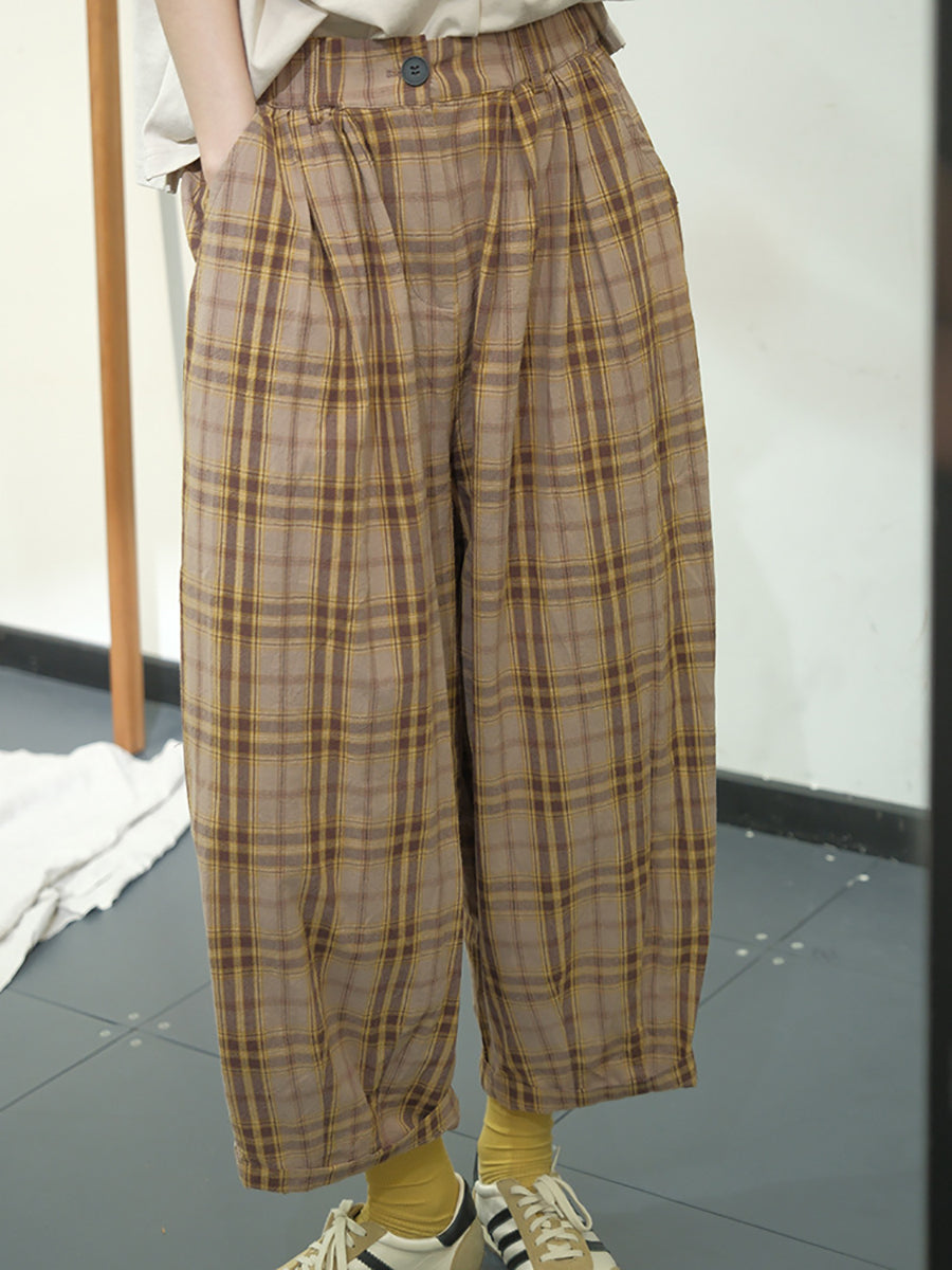 Plaid Summer Cotton Loose Harem Pants Kl1049
