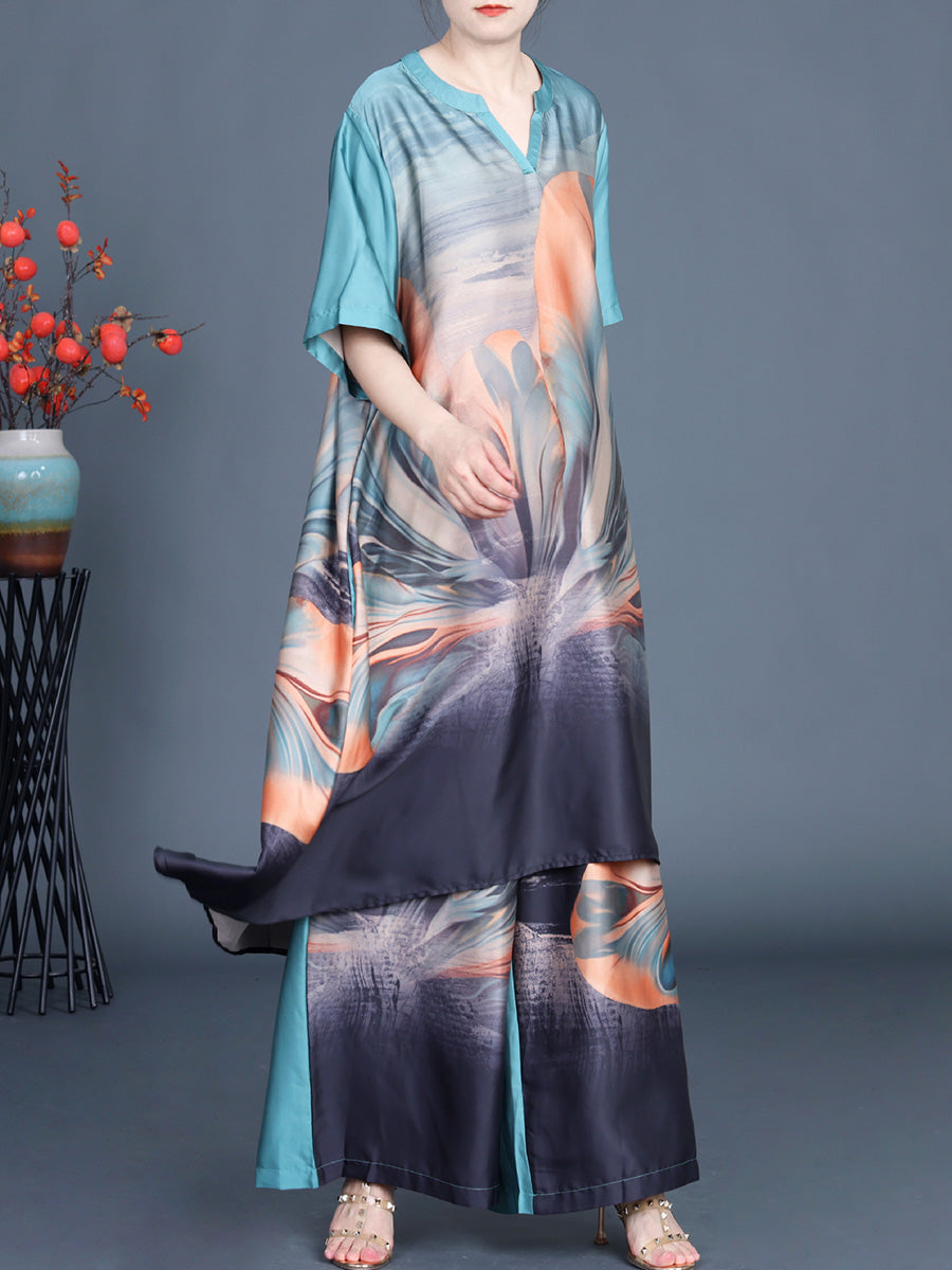Irregular Flower Long Shirt+pants Pa1036