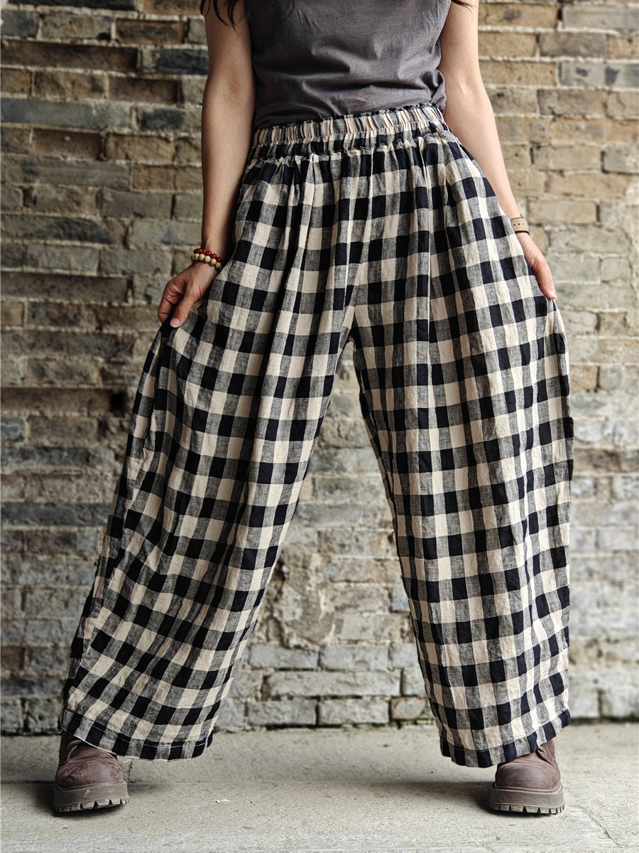 Plaid Cotton Linen Wide-leg Pants Kl1031