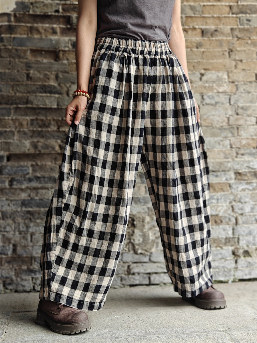 Plaid Cotton Linen Wide-leg Pants Kl1031