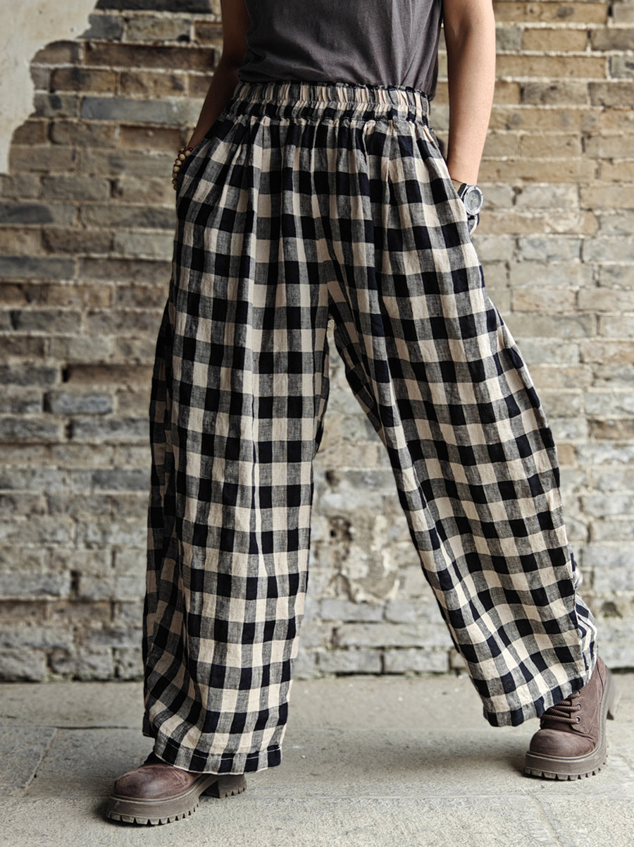 Plaid Cotton Linen Wide-leg Pants Kl1031