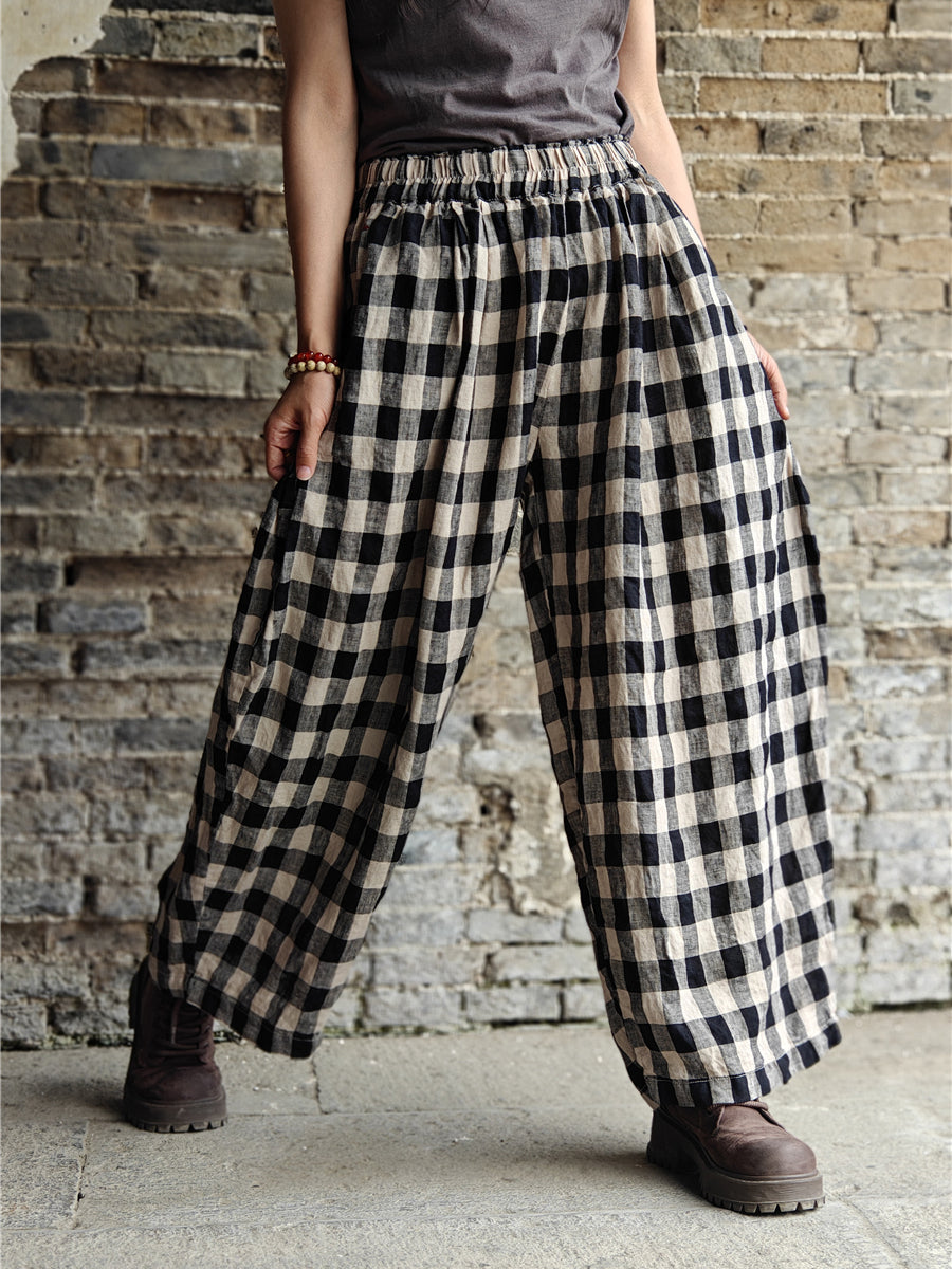 Plaid Cotton Linen Wide-leg Pants Kl1031
