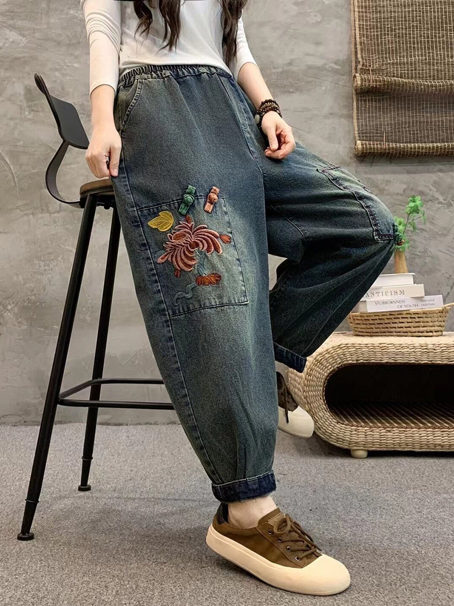 Summer Retro Flower Embroidery Denim Harem Pants Io1021