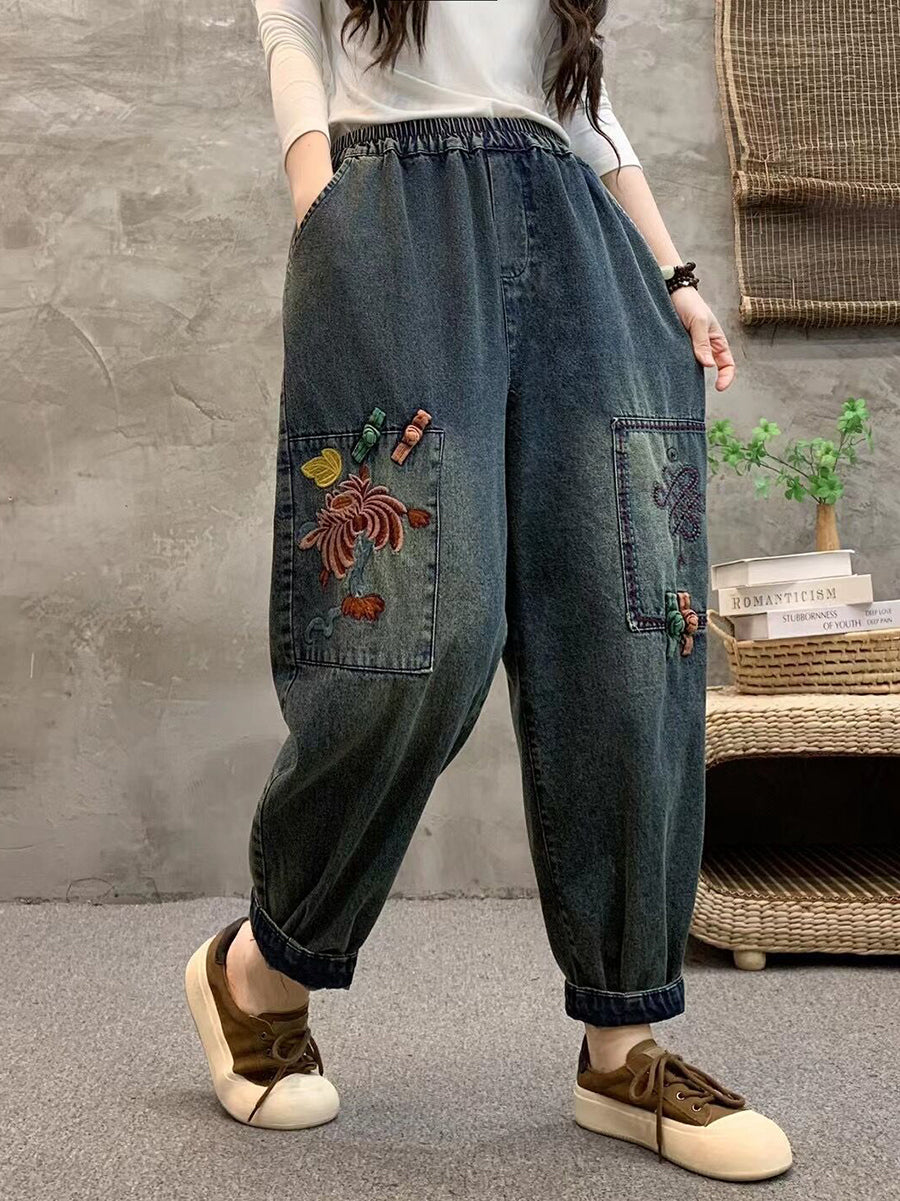 Summer Retro Flower Embroidery Denim Harem Pants Io1021