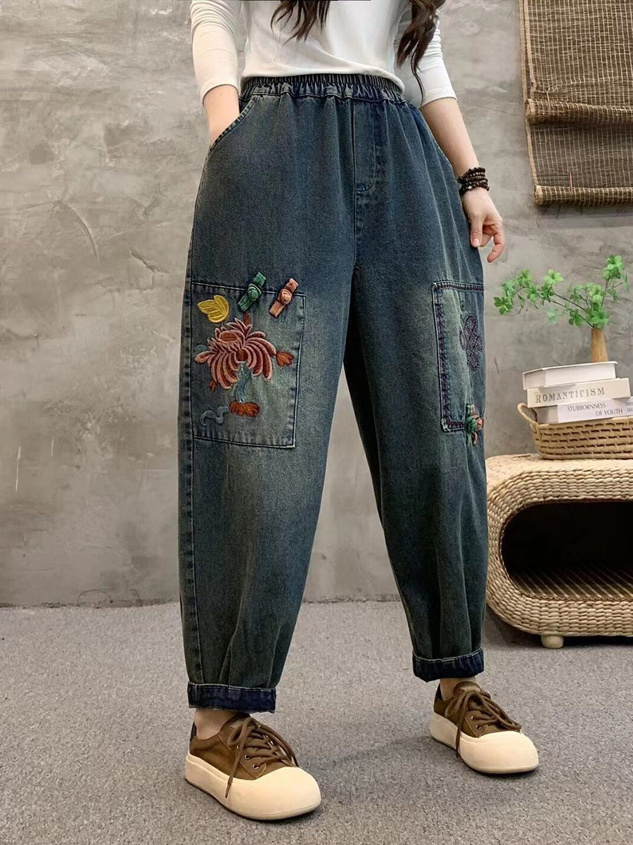 Summer Retro Flower Embroidery Denim Harem Pants Io1021