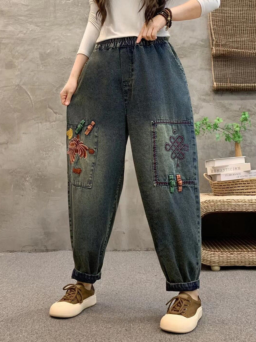 Summer Retro Flower Embroidery Denim Harem Pants Io1021
