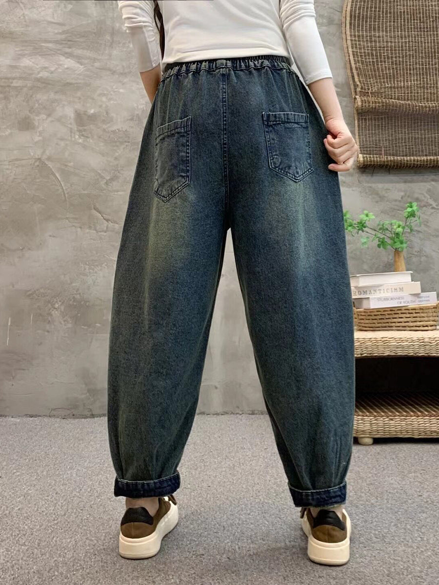 Summer Retro Flower Embroidery Denim Harem Pants Io1021