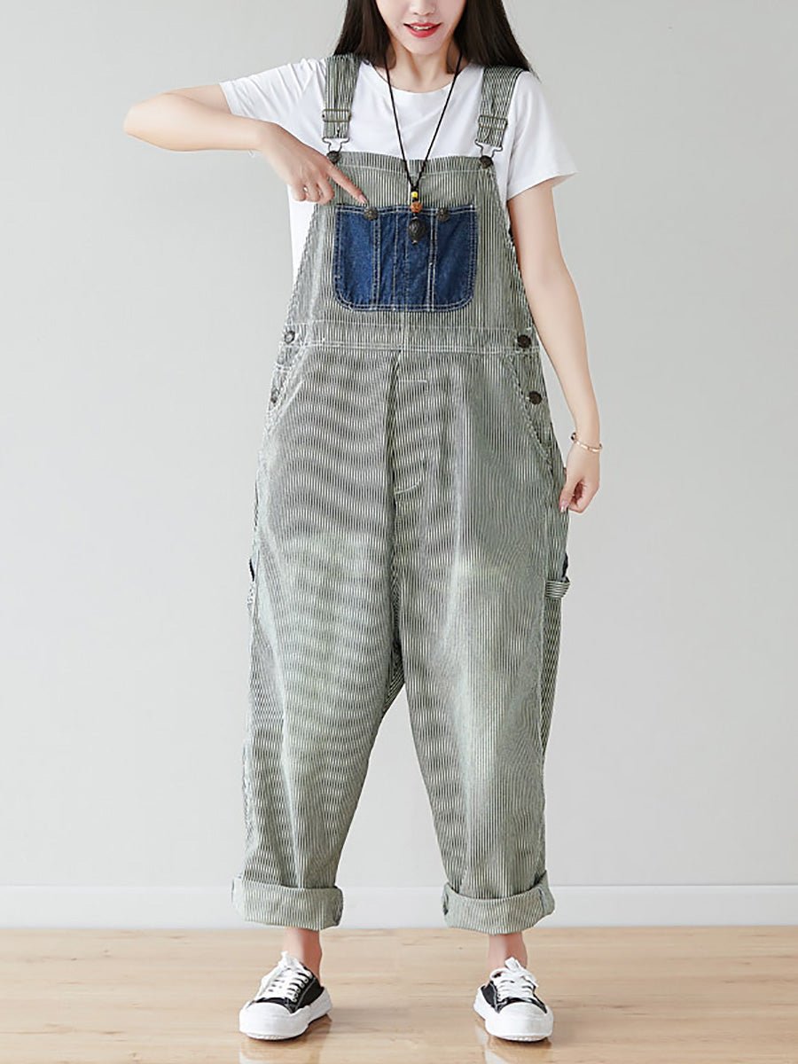 Artsy Stripe Patch Spliced Denim Loose Jumpsuits Ai1079