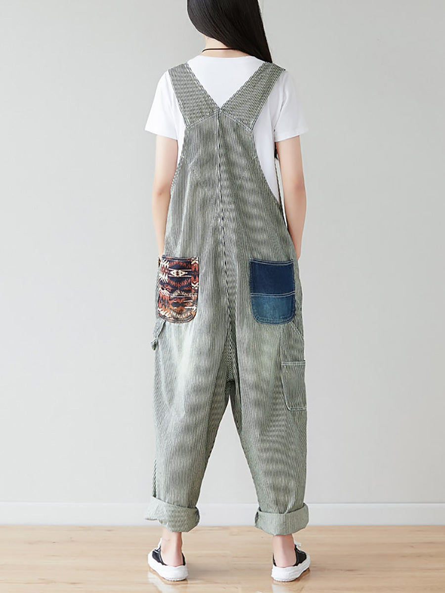 Artsy Stripe Patch Spliced Denim Loose Jumpsuits Ai1079