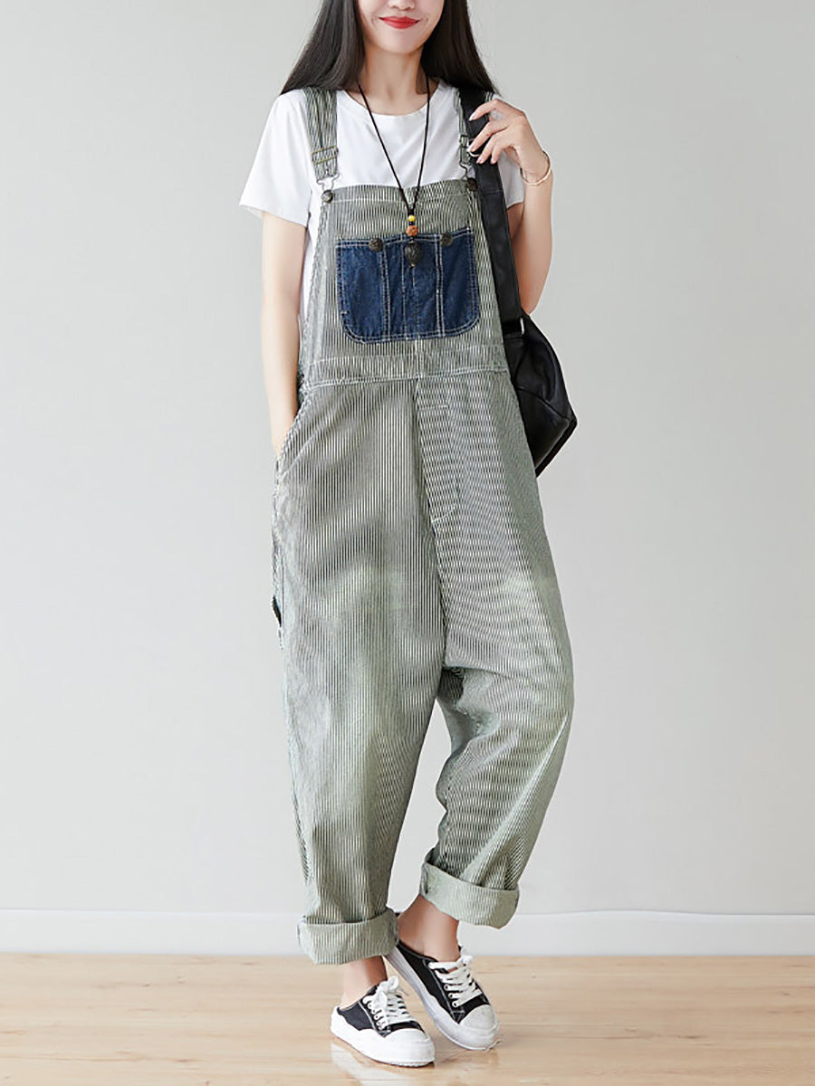 Artsy Stripe Patch Spliced Denim Loose Jumpsuits Ai1079