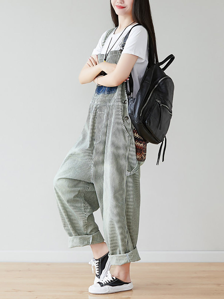 Artsy Stripe Patch Spliced Denim Loose Jumpsuits Ai1079