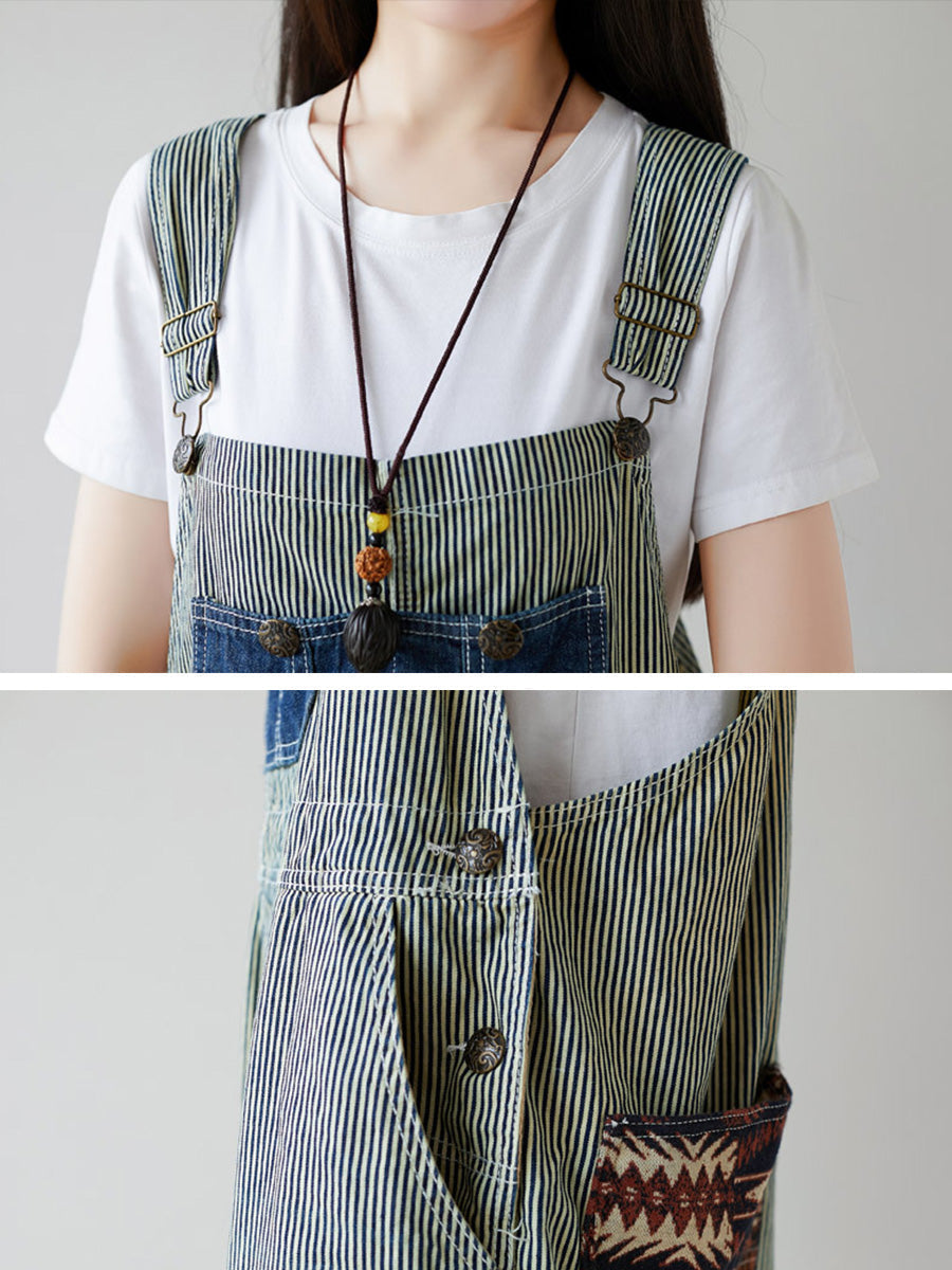 Artsy Stripe Patch Spliced Denim Loose Jumpsuits Ai1079