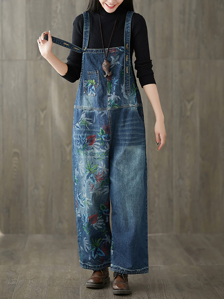 Autumn Flower Denim Loose Jumpsuits Ai1057