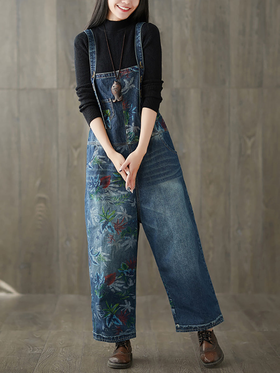 Autumn Flower Denim Loose Jumpsuits Ai1057