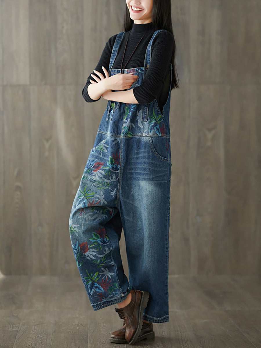 Autumn Flower Denim Loose Jumpsuits Ai1057