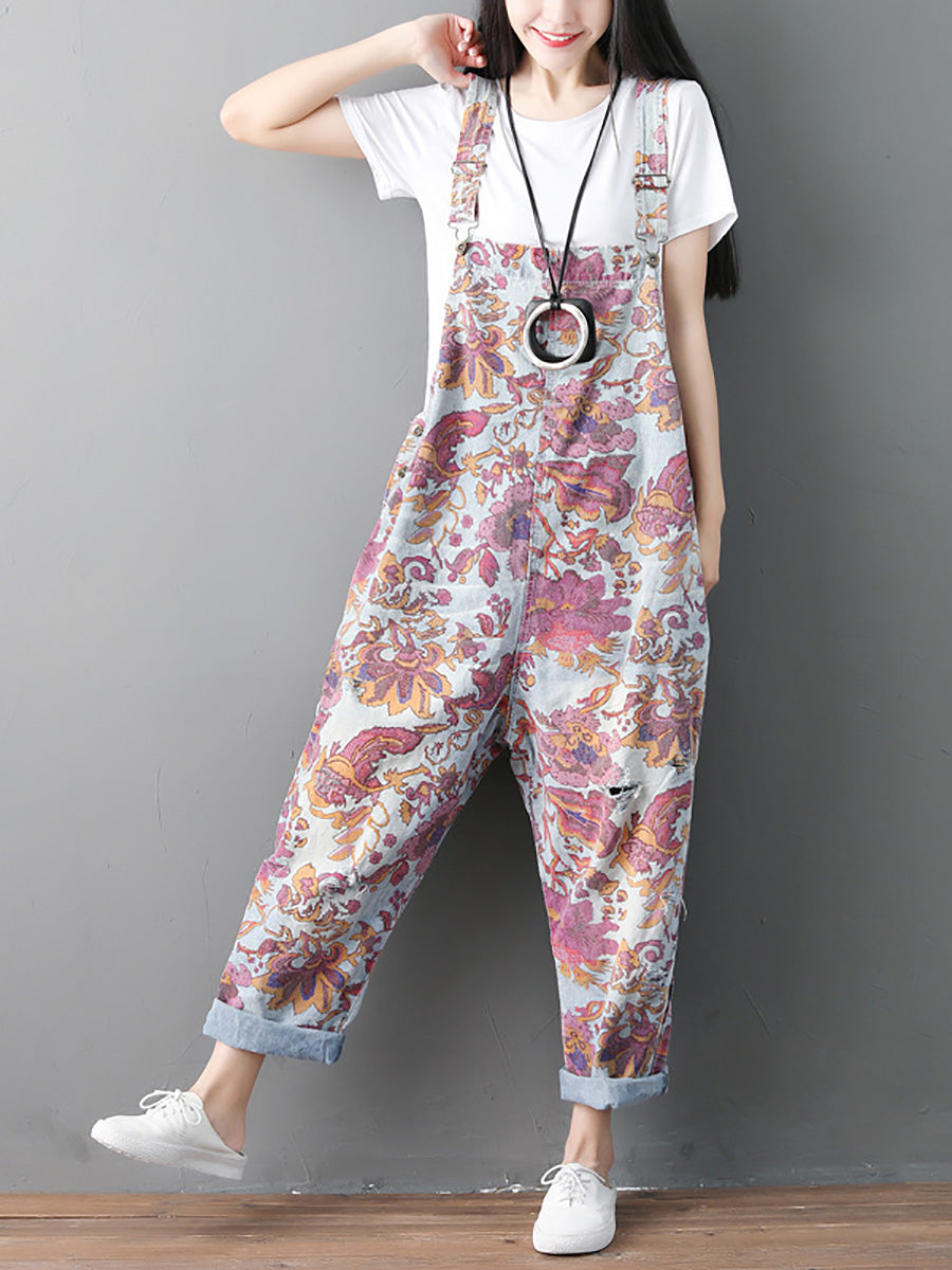 Autumn Flower Denim Loose Jumpsuits Ah1049