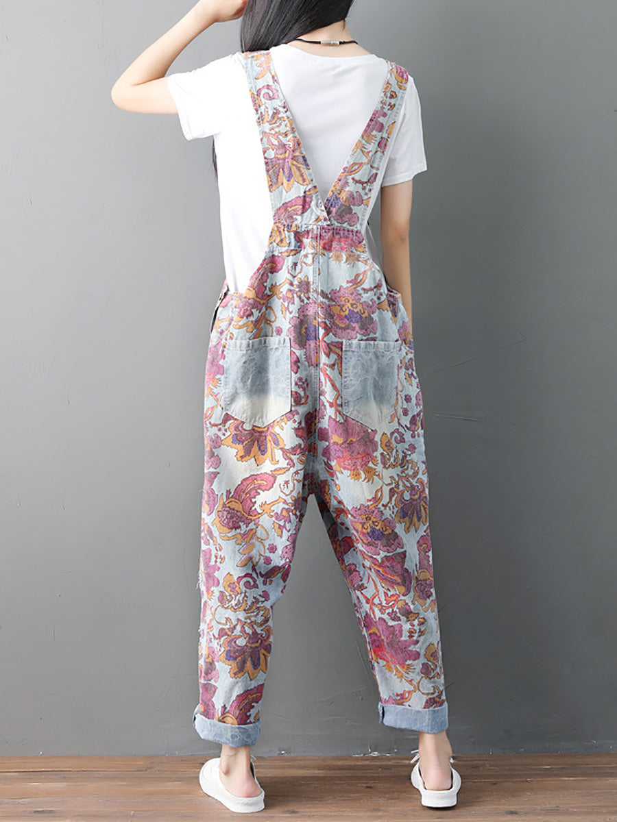 Autumn Flower Denim Loose Jumpsuits Ah1049
