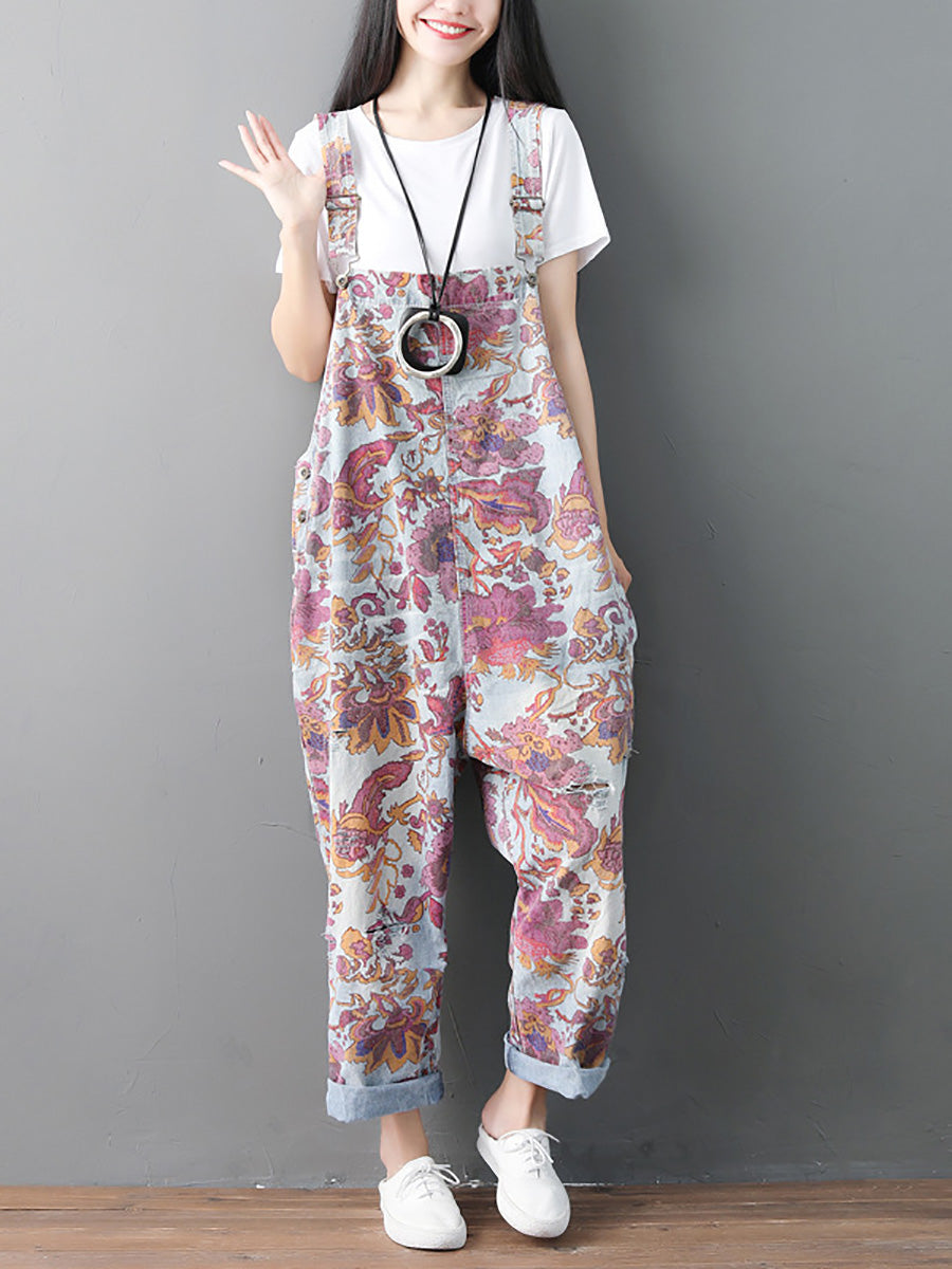 Autumn Flower Denim Loose Jumpsuits Ah1049