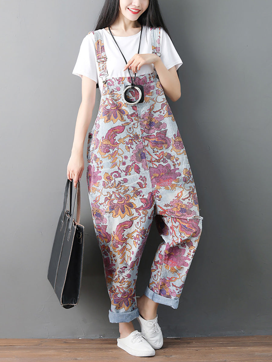 Autumn Flower Denim Loose Jumpsuits Ah1049