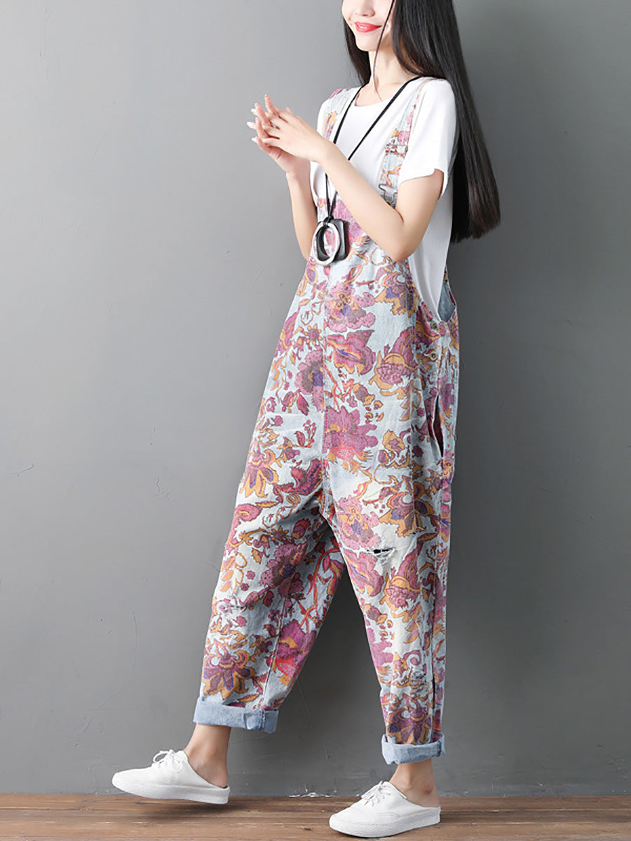 Autumn Flower Denim Loose Jumpsuits Ah1049