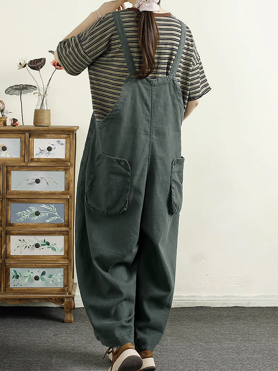 Retro 100%linen Loose Jumpsuit Ak1016