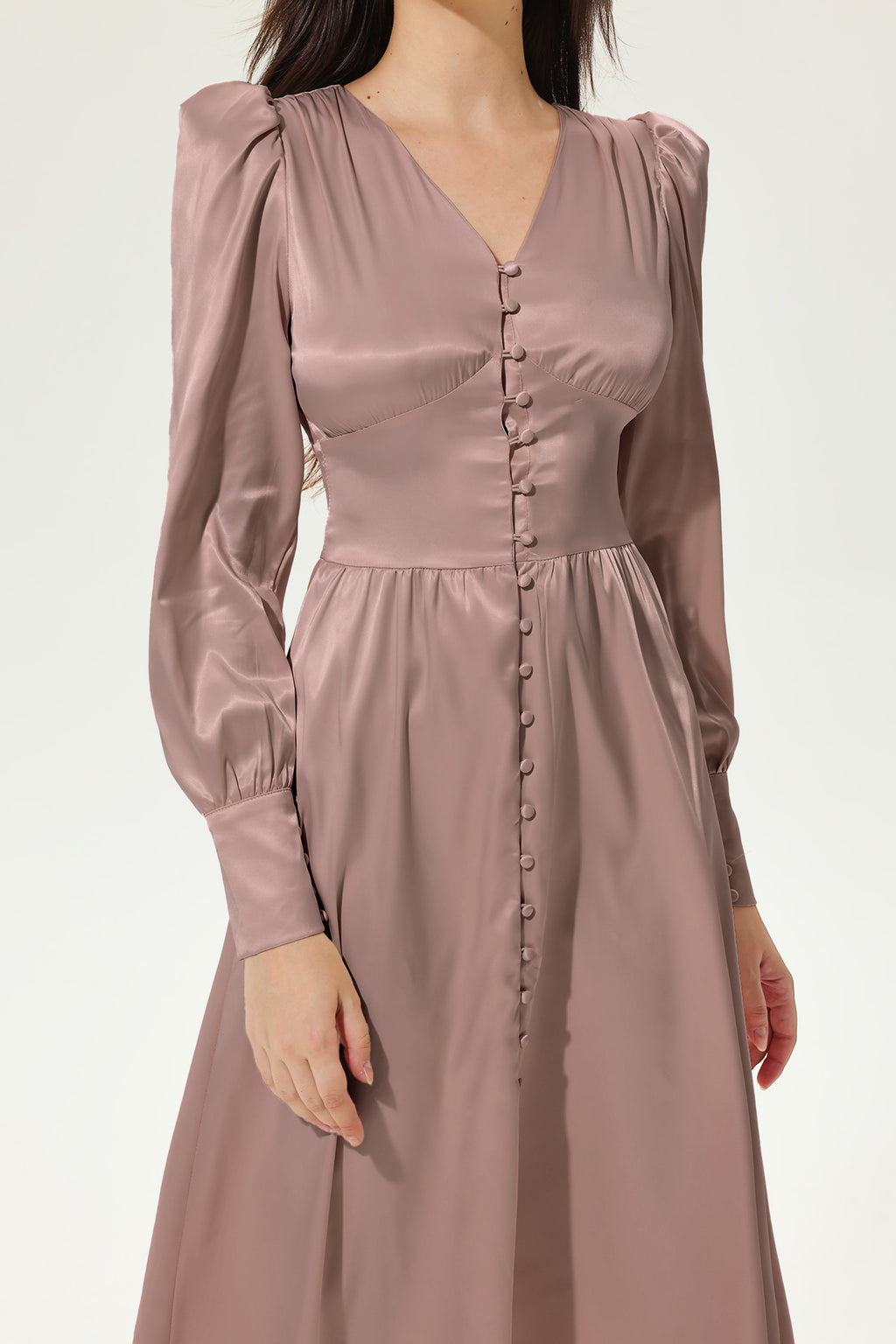 Lantern Sleeve V-neck Buttoned Midi Dress Brown