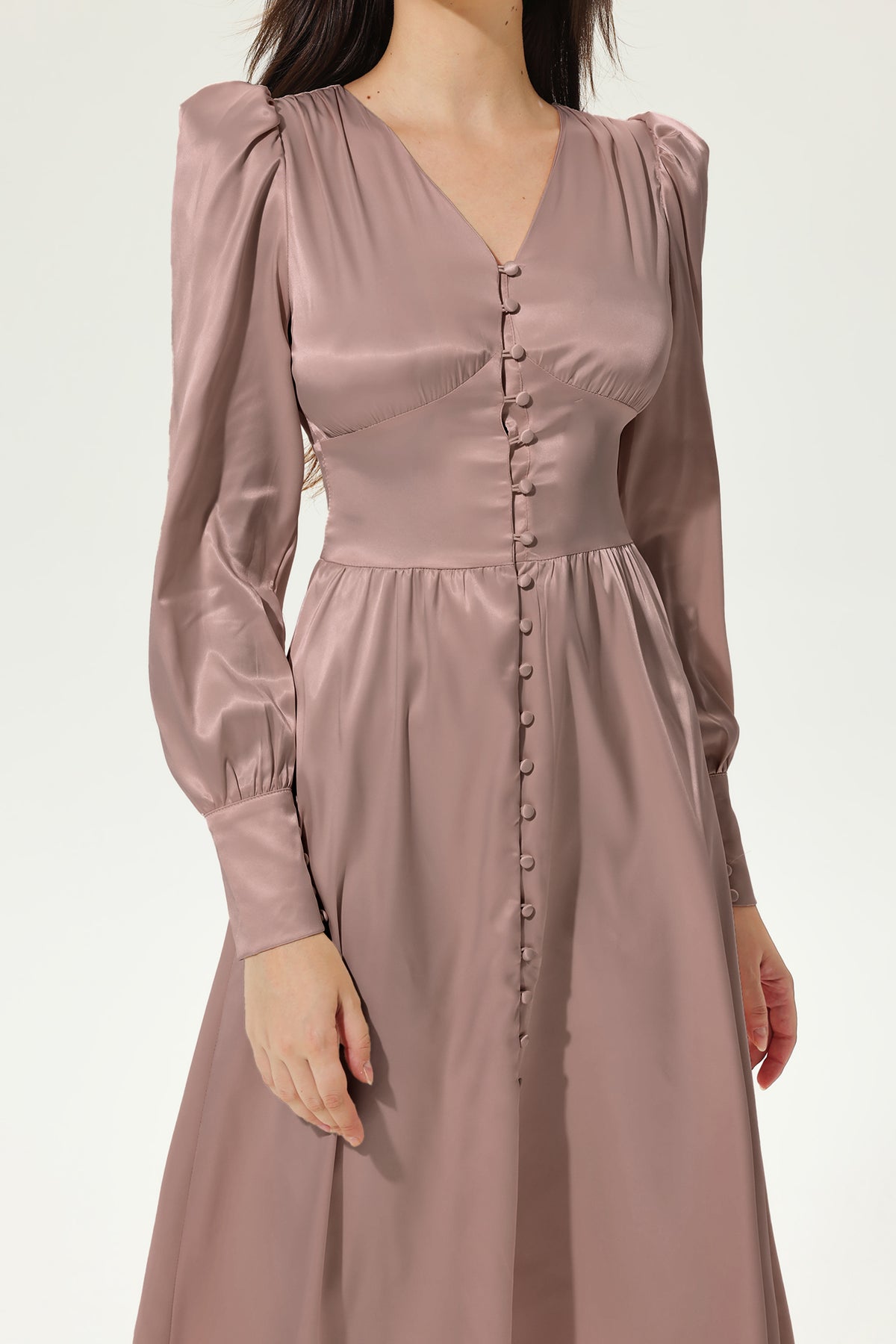 Lantern Sleeve V-neck Buttoned Midi Dress Brown