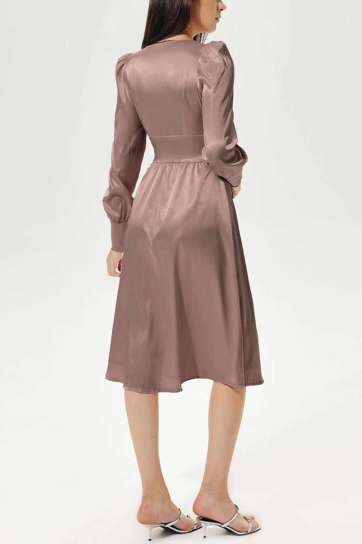 Lantern Sleeve V-neck Buttoned Midi Dress Brown
