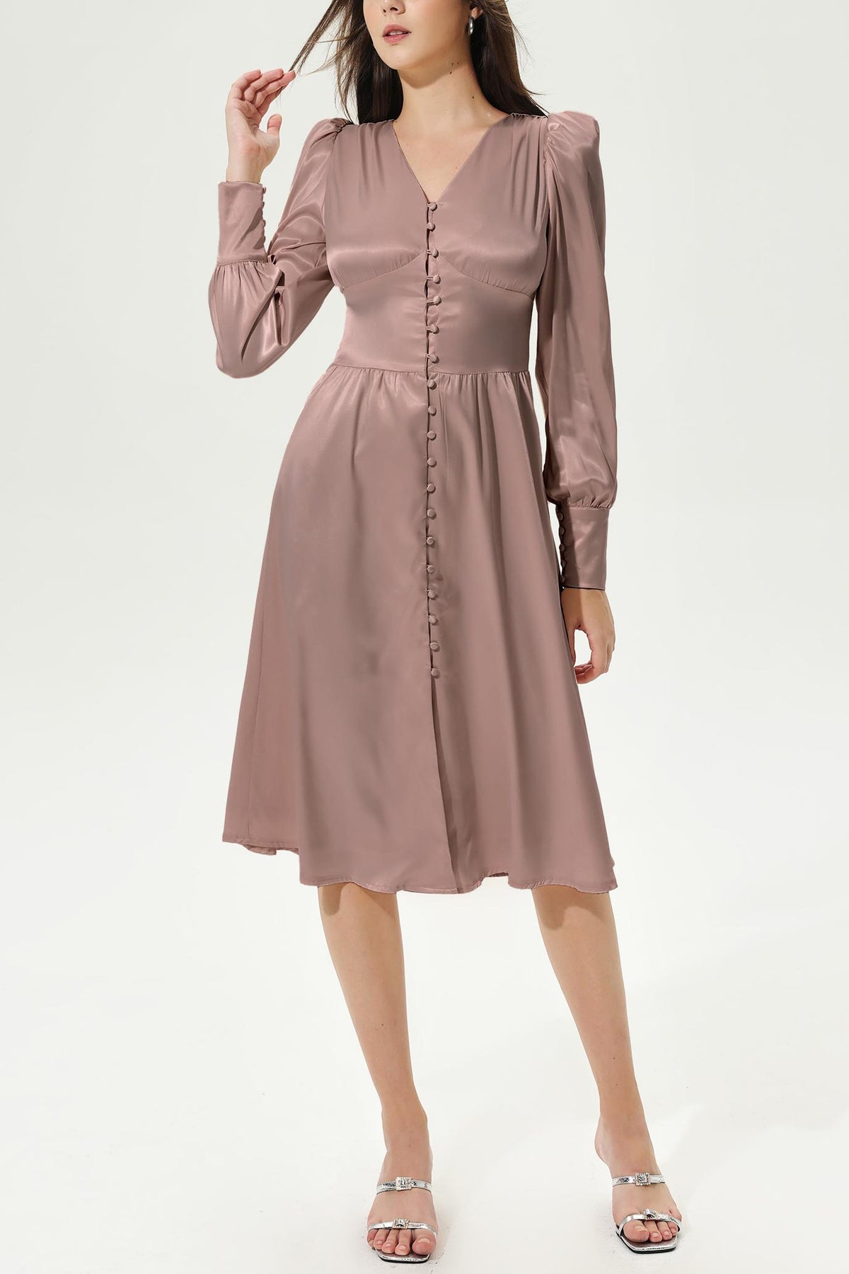 Lantern Sleeve V-neck Buttoned Midi Dress Brown